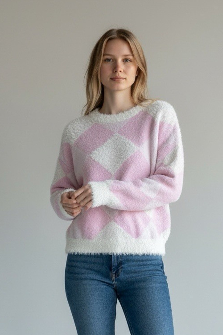 Threaded Leaf Super Soft Cozy Pink White Diamond Argyle Crop Sweater Large